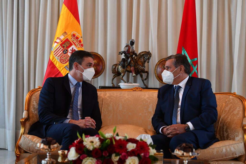 The President of the Spanish Government, Pedro Sánchez (L), meets with the Prime Minister of Morocco, Aziz Akhannouch (R), at the Rabat - Sale airport before his official visits in Rabat, Morocco (Photo by Jalal Morchidi/Anadolu Agency via Getty Images)