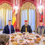 In this photo provided by the Royal Palace, Moroccan King Mohammed VI, center, Spanish Prime Minister Pedro Sánchez, second left, Crown Prince Moulay Hassan, second right, Prince Moulay Rachid, brother of the king , right, and Moroccan Prime Minister Aziz Akhannouch, left, pose before an Iftar meal, the dinner at which Muslims end their daily Ramadan fast at sunset, at the king's royal residence in Sale, Morocco , Thursday, April 7, 2022.