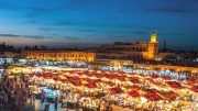 Evening Djemaa El Fna Square with Koutoubia Mosque, Marrakech, Morocco