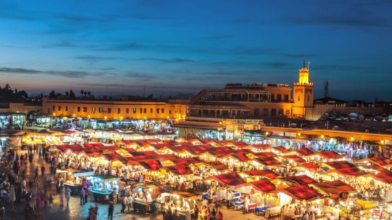 Evening Djemaa El Fna Square with Koutoubia Mosque, Marrakech, Morocco